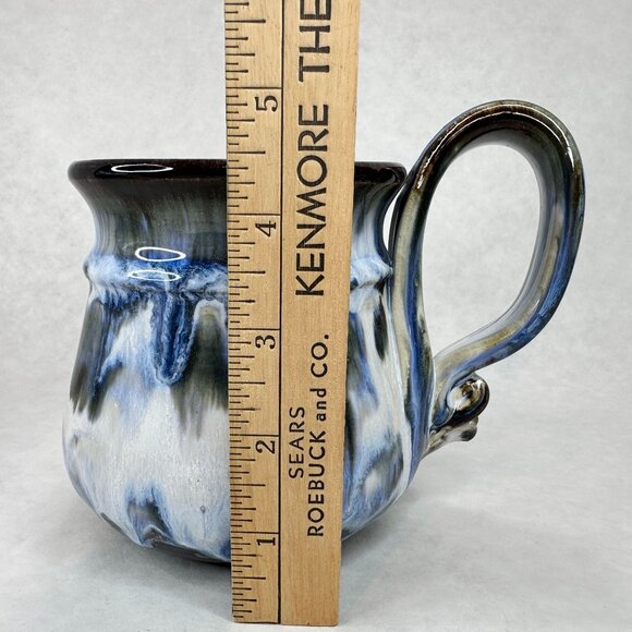 Hand Thrown‎ Pottery Mug Oversized Sculpted Handle Blue & Black Drip Glaze 16 Oz - Picture 12 of 13